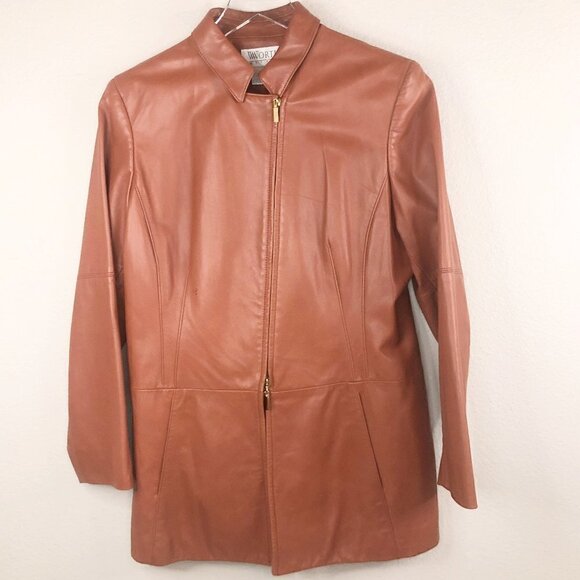Worth Petite Vintage Women's Camel Brown Leather Jacket Size 12P - Picture 1 of 6